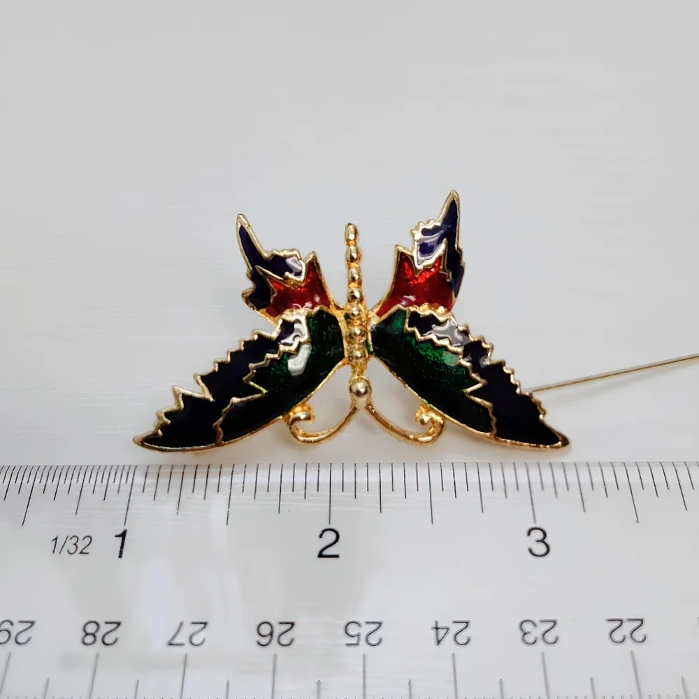💎 2/$15 Gold tone Multi color Enamel Butterfly Brooch Pin Blue Green Red - Picture 6 of 7